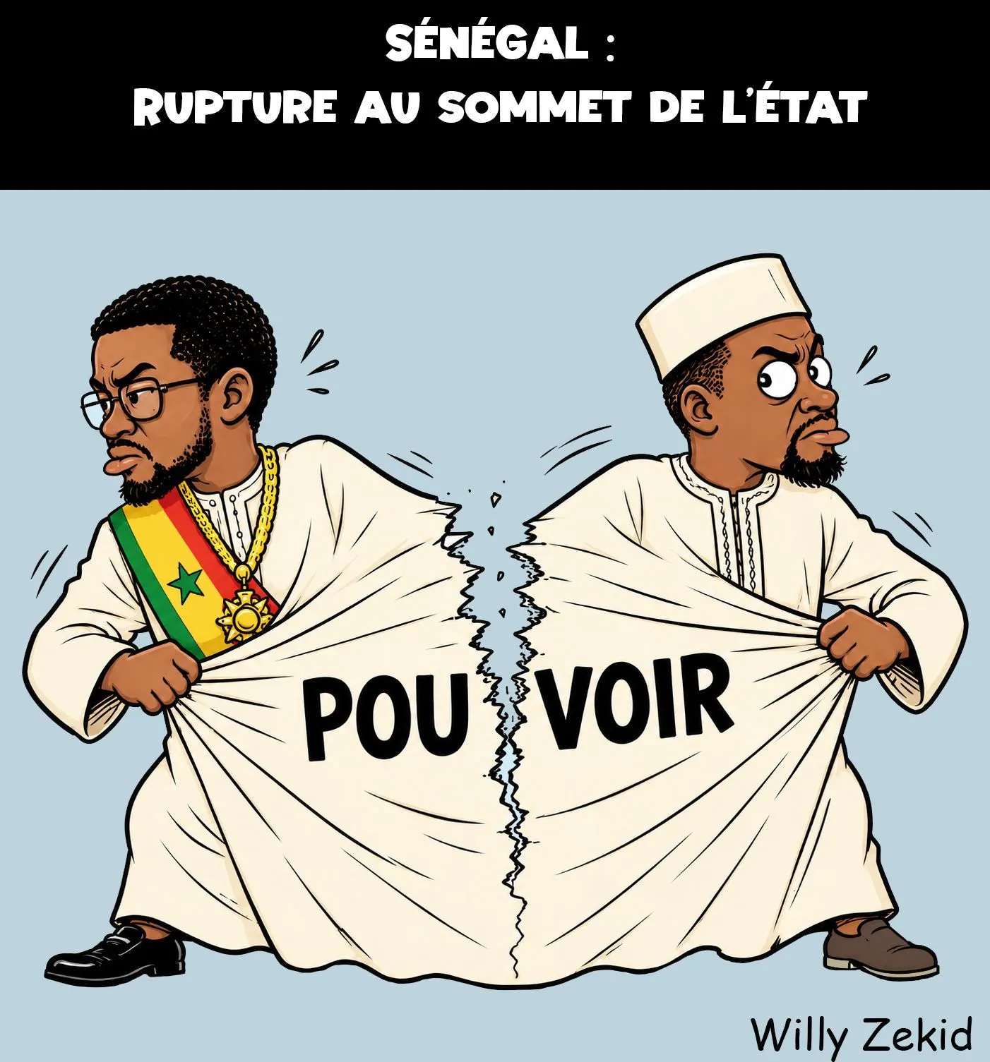 Caricature politique représentant la rupture entre Ousmane Sonko et Bassirou Diomaye Faye, symbolisée par deux hommes déchirant une tunique marquée du mot pouvoir.