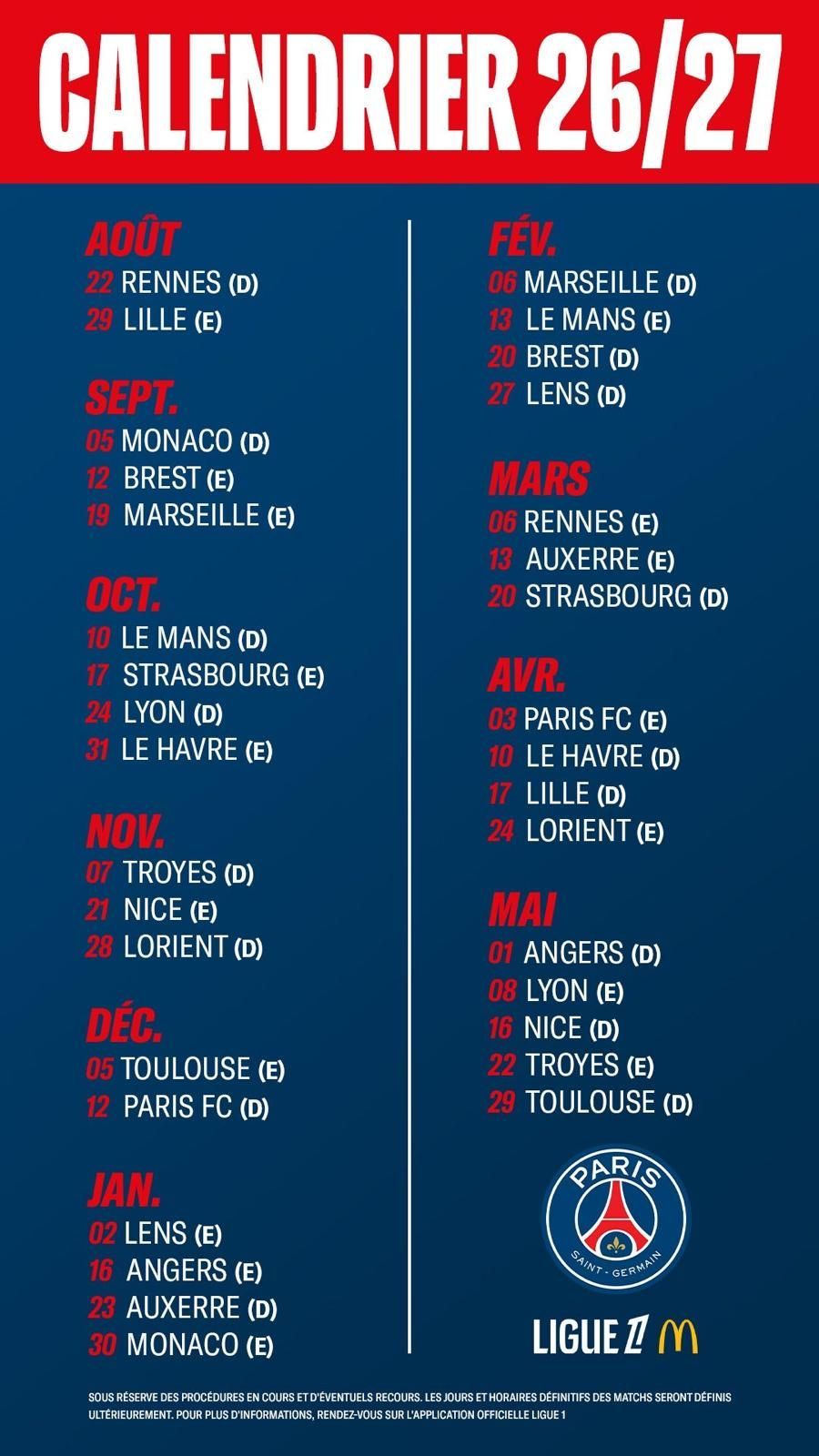 calendrier complet psg saison 2026-2027