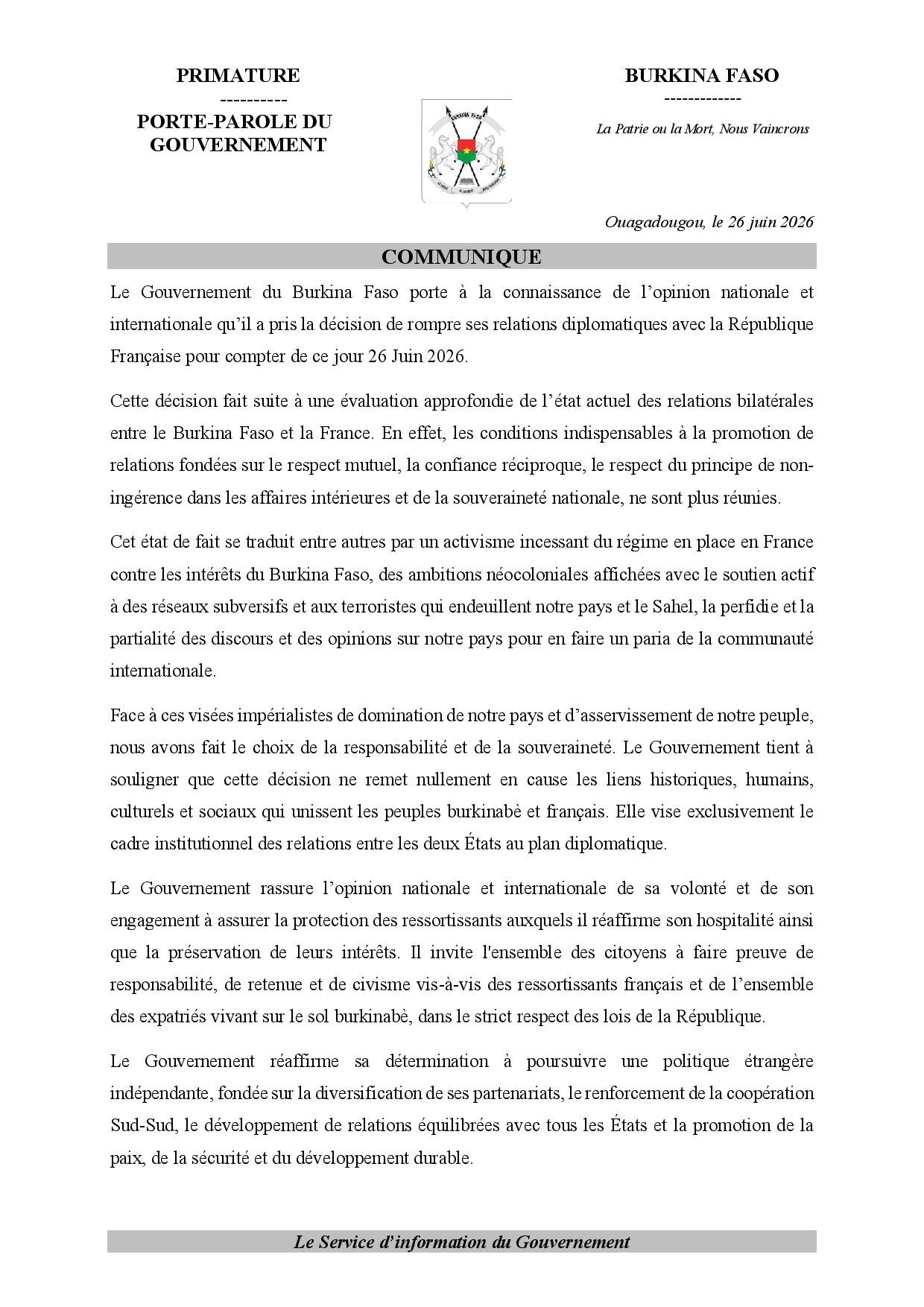 Communiqué officiel de rupture des relations diplomatiques
