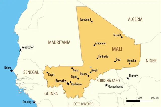 Carte des villes clés de l'Azawad et des régions voisines