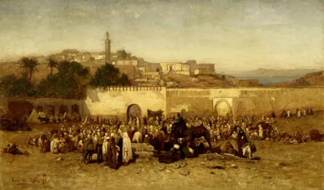 Scène d'un marché à Tanger au XIXe siècle